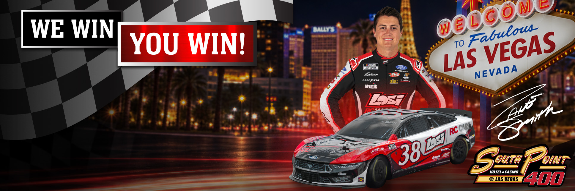 Glamour shot of Zane Smith and the Losi NASCAR 2026 Zane Smith No. 38 Ford Mustang on a Las Vegas background Glamour shot of Zane Smith and the Losi NASCAR 2026 Zane Smith No. 38 Ford Mustang on a Las Vegas background