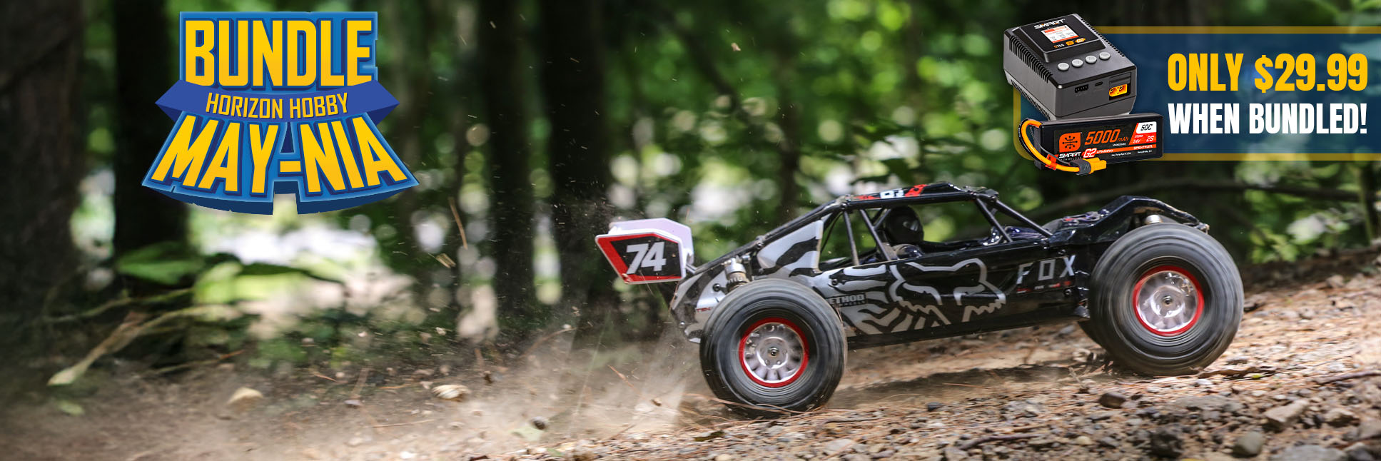 Action shot of Losi 1/10 Tenacity DB Pro 3S 4WD RTR Brushless Desert Buggy with the Bundle May-nia Sale Logo
