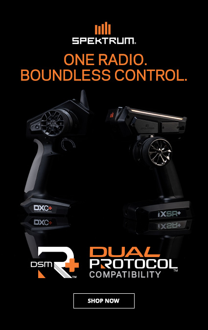 Spektrum iXSR+ and DXC+ 12-Channel DSMR+ Transmitters Graphic with DSMR+ and Dual Protocol Logo