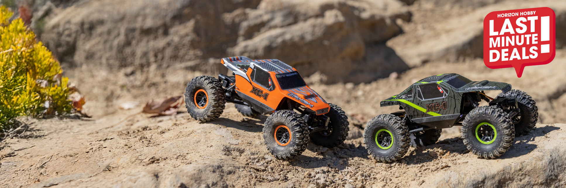 Action shot of the Axial 1/24 AX24 XC-1 4WS 4X4 Ready-To-Run Brushed RC Rock Crawler climbing over rocks with the Last Minute Deals logo Action shot of the Axial 1/24 AX24 XC-1 4WS 4X4 Ready-To-Run Brushed RC Rock Crawler climbing over rocks with the Last Minute Deals logo