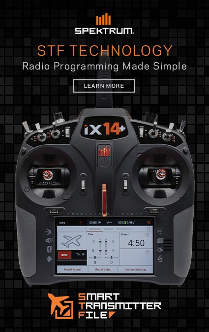 Smart Transmitter File (STF) automates radio transmitter programming. Learn how pilots, with a push of a button, can program settings directly into radio controllers. Spektrum STF Smart Transmitter File Graphic featuring the iX14+ 20-channel transmitter