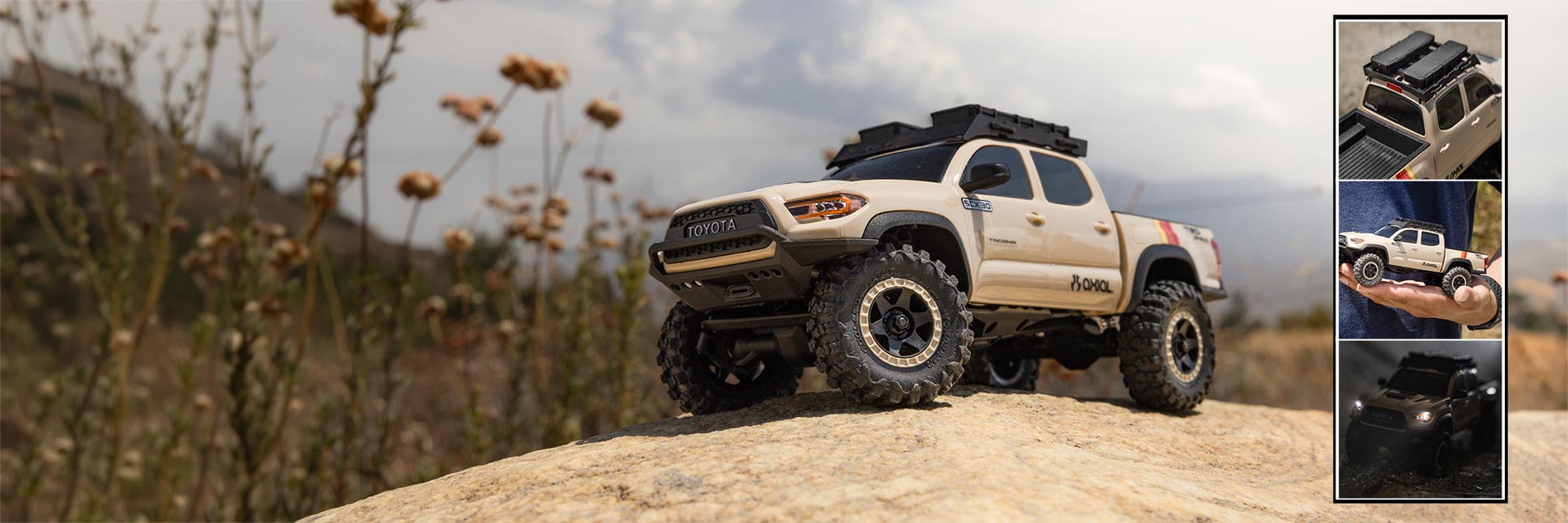 Action shot of the 1/30 Axial SCX30 Toyota Tacoma RC Rock Crawler on dirt terrain Action shot of the 1/30 Axial SCX30 Toyota Tacoma RC Rock Crawler on dirt terrain