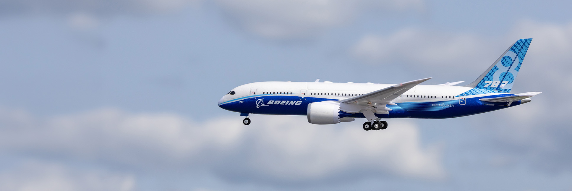 Action shot of the E-flite Micro Boeing 787 Dreamliner Twin 30mm EDF Bind-N-Fly Basic with AS3X and SAFE Select RC airliner flying in the air