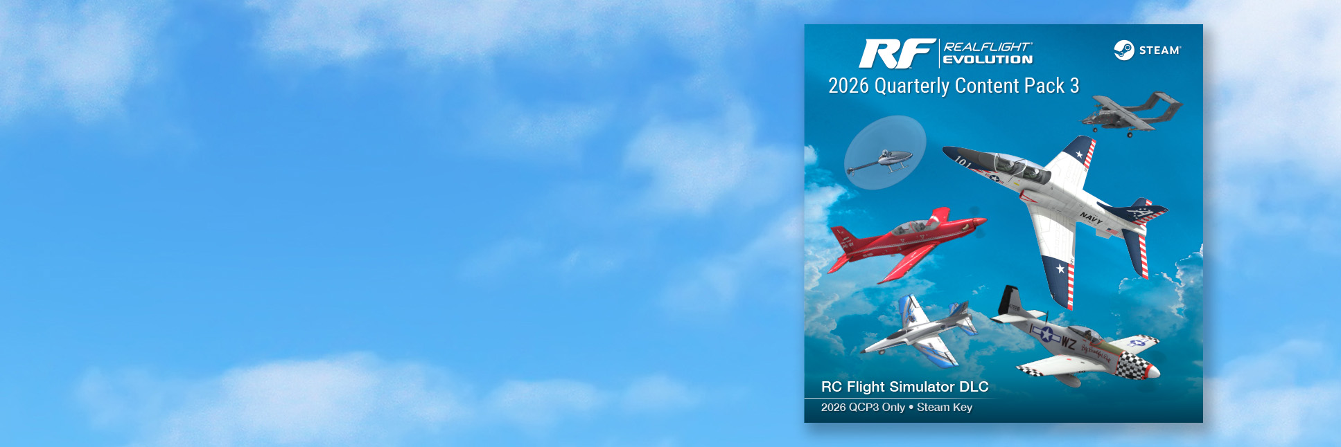 RealFlight Evolution 2026 Quarterly Content Pack 3 on a cloudy blue sky wallpaper background
