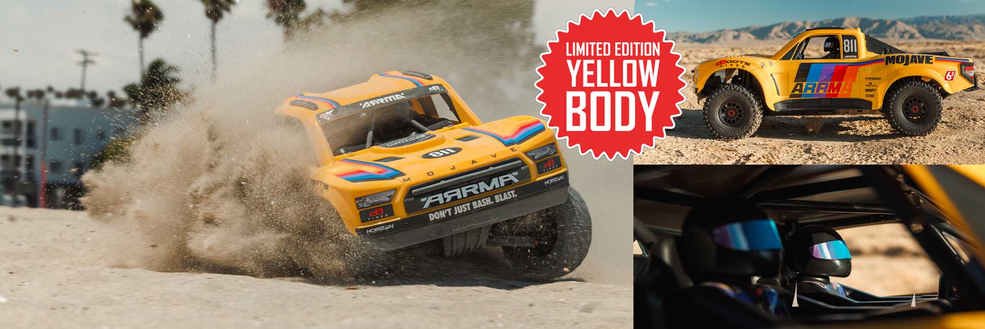 Action shot of the ARRMA Limited Edition 1/7 MOJAVE 6S 4X4 Ready-To-Run Brushless Desert Truck in Yellow bashing through the sand on the beach