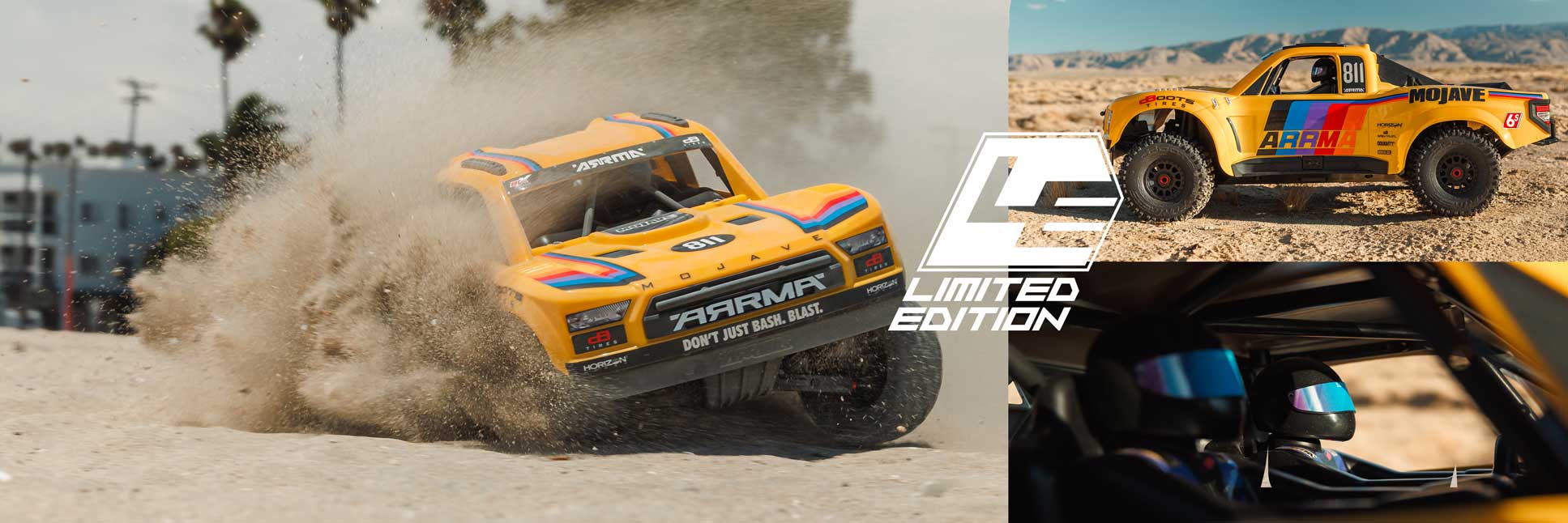 Action shot of the ARRMA Limited Edition 1/7 MOJAVE 6S 4X4 Ready-To-Run Brushless Desert Truck in Yellow bashing through the sand on the beach