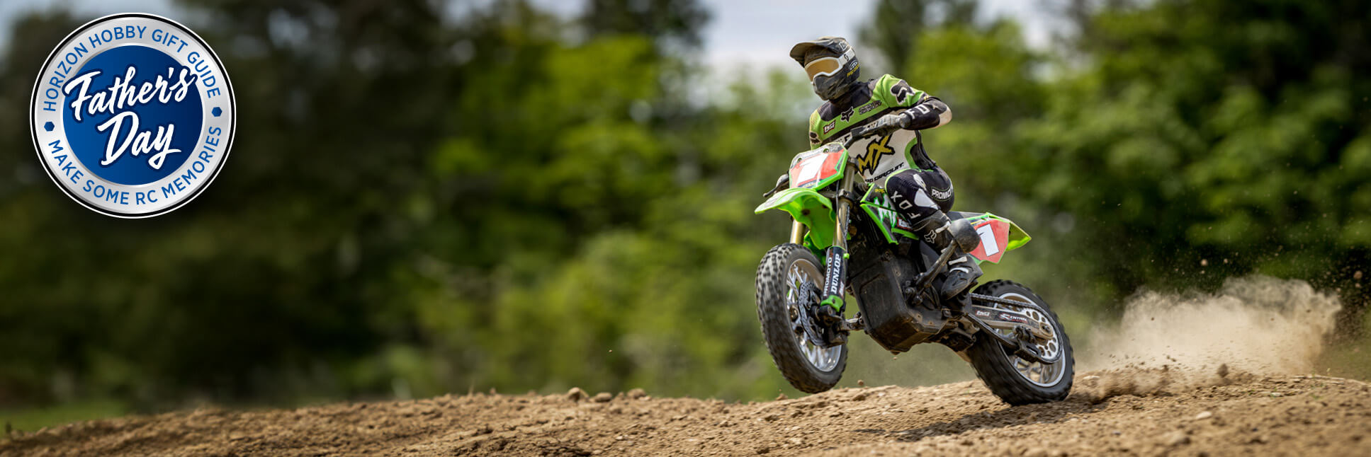 Action Shot of Losi Promoto-MX Ready-to-Run RC Motorcycle with Horizon Hobby Father's Day 2025 Logo