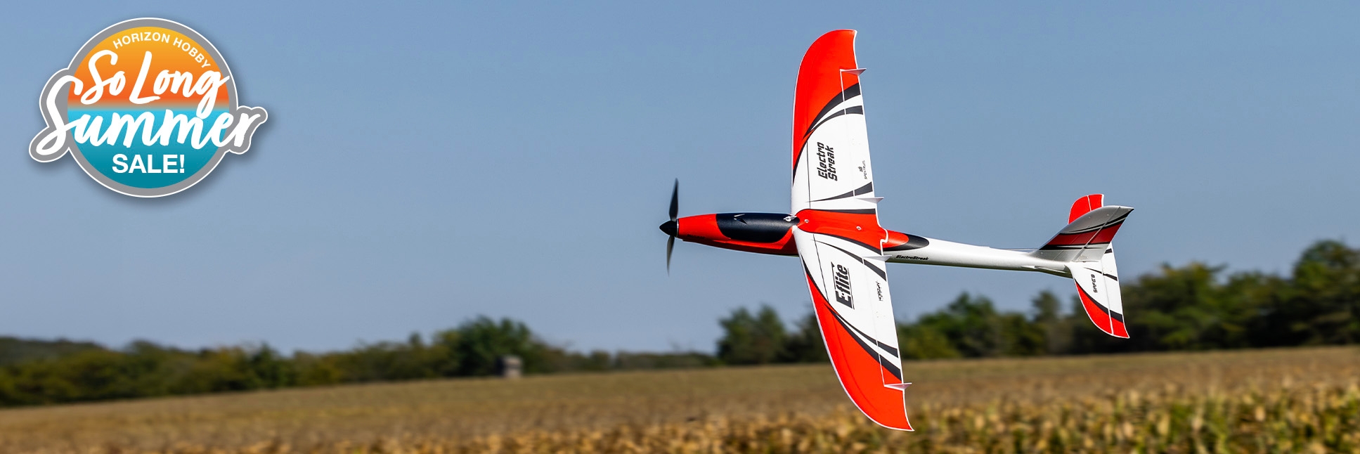 Action Shot of the E-flite ElectroStreak 1.1m Bind-N-Fly Basic RC Airplane AS3X+ and SAFE Select with So Long Summer Sale Logo Action Shot of the E-flite ElectroStreak 1.1m Bind-N-Fly Basic RC Airplane AS3X+ and SAFE Select with So Long Summer Sale Logo
