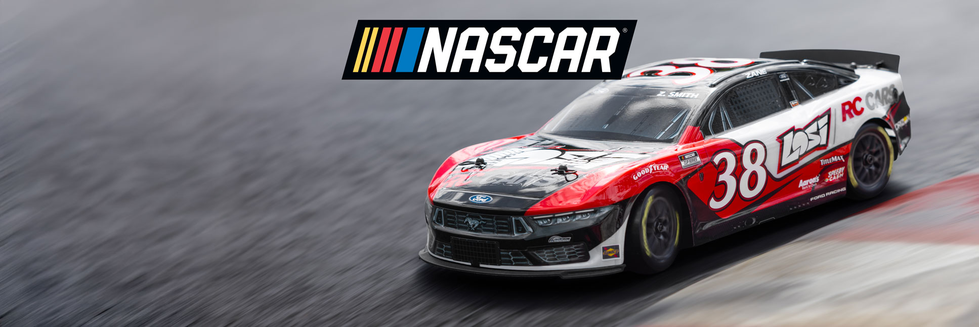 Action shot of the 1/12 NASCAR RC Race Car Zane Smith No. 38 2026 Losi Ford Mustang 2S AWD Ready-To-Run Brushed On-Road Action shot of the 1/12 NASCAR RC Race Car Zane Smith No. 38 2026 Losi Ford Mustang 2S AWD Ready-To-Run Brushed On-Road