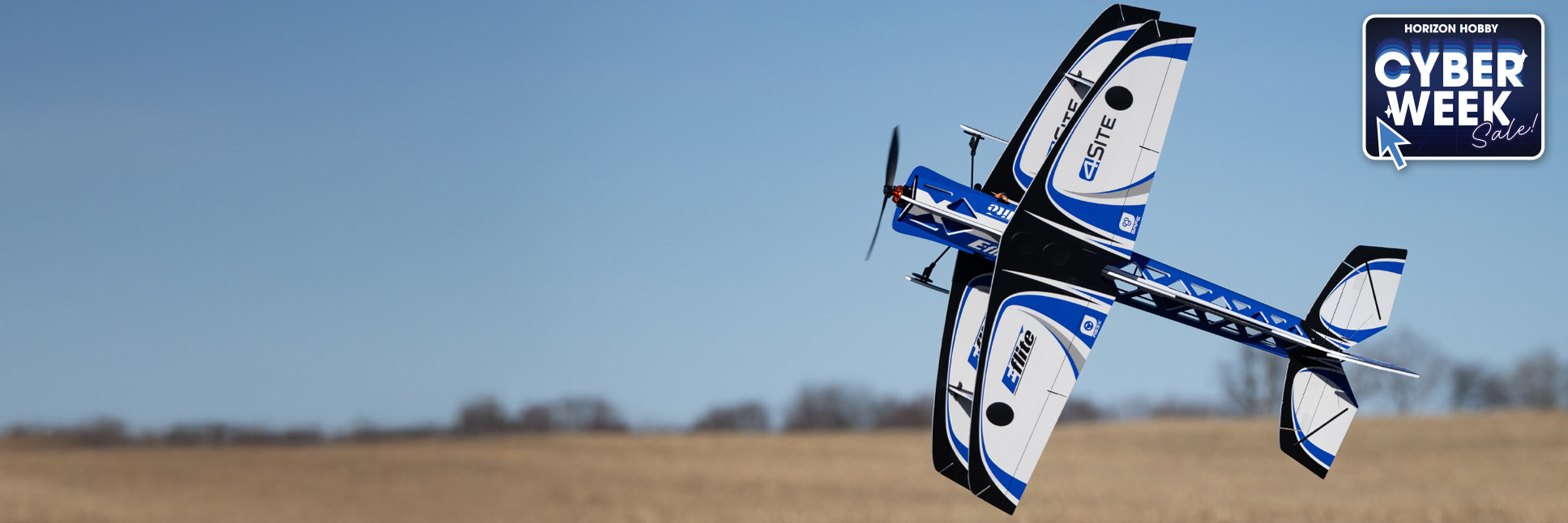 Action shot of the E-flite 4-Site 3D FF (Flat Foamy) 800mm Bind-N-Fly Basic RC Airplane with AS3X+ and SAFE Select and the Cyber Week Sale Logo Action shot of the E-flite 4-Site 3D FF (Flat Foamy) 800mm Bind-N-Fly Basic RC Airplane with AS3X+ and SAFE Select and the Cyber Week Sale Logo
