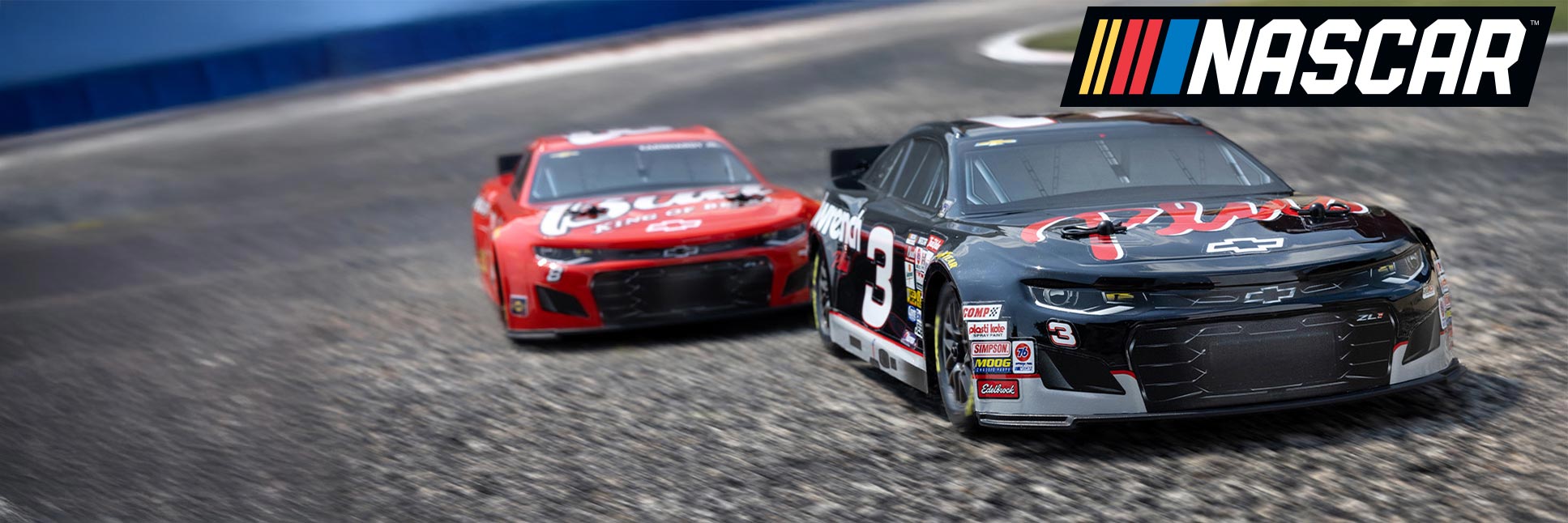 Action shot of the 1/12 NASCAR RC Race Car RCR No. 3 GM Goodwrench Chevrolet ZL1 2S AWD RTR and Dale Earnhardt Jr. No. 8 Budweiser Chevrolet ZL1 2S AWD RTR Brushed On-Road