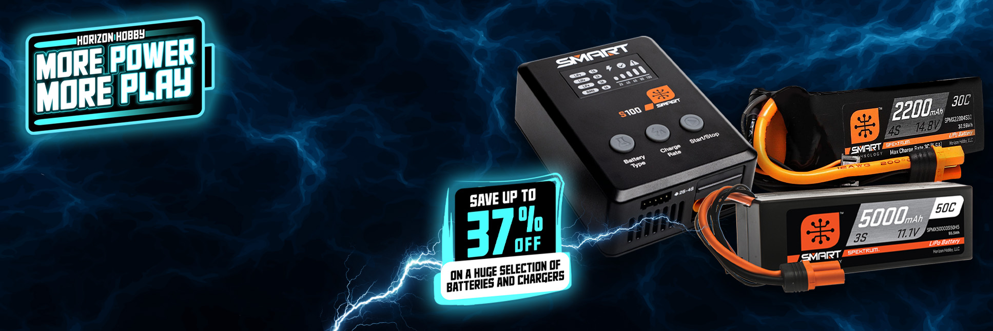 Glamour shot of Spektrum LiPo batteries and a charger on a black background with the Horizon Hobby More Power More Play logo