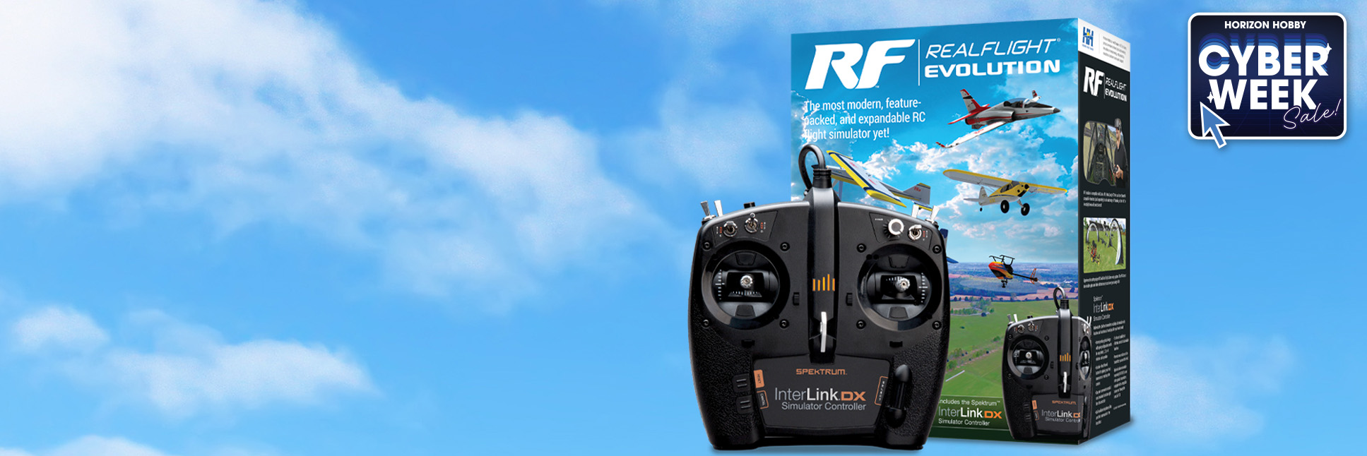 RealFlight Evolution RC Flight Simulator with InterLink DX Controller with the Cyber Week Sale Logo RealFlight Evolution RC Flight Simulator with InterLink DX Controller with the Cyber Week Sale Logo