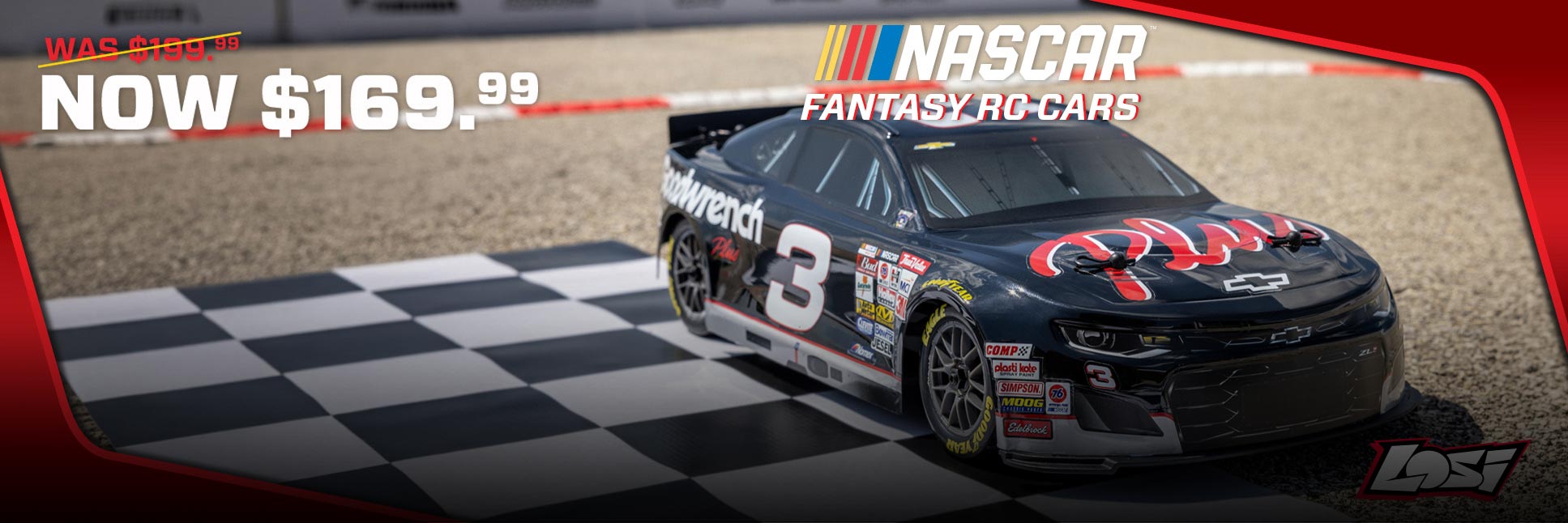 Action shot of the Losi 1/12 NASCAR RCR No. 3 GM Goodwrench with the fantasy flash sale logo calling out was $199.99 and now $169.99 Action shot of the Losi 1/12 NASCAR RCR No. 3 GM Goodwrench with the fantasy flash sale logo calling out was $199.99 and now $169.99