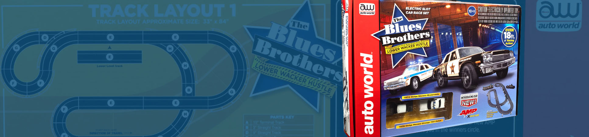 Auto World 18' Blues Brothers Lower Wacker Hustle Slot Race Set HO Scale Auto World 18' Blues Brothers Lower Wacker Hustle Slot Race Set HO Scale