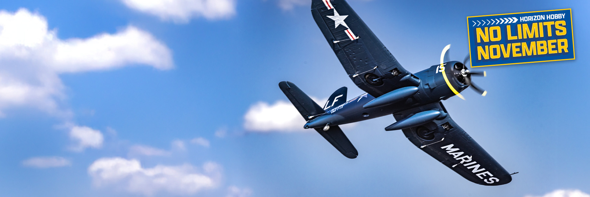 Action Shot of the E-flite F4U-4 Corsair 1.2m Bind-N-Fly Basic RC Airplane with AS3X and SAFE Select flying through the sky with the No Limits November Sale Logo 