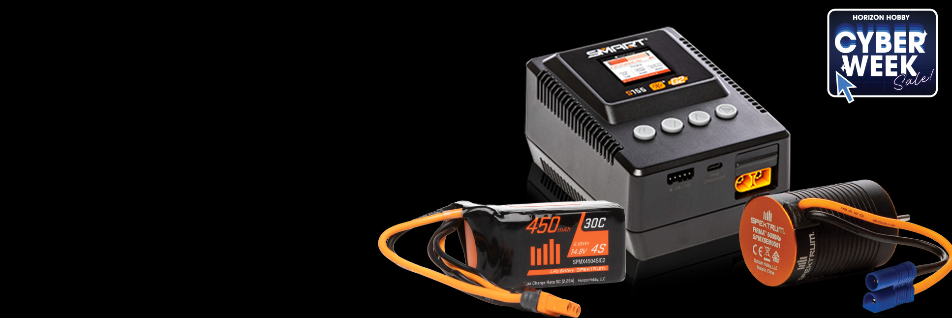 Image of the Specktrum Firma BL Motor, 4S Lipo Battery and S155 55W AC G2 Smart Charger with the Cyber Week Sale Logo Image of the Specktrum Firma BL Motor, 4S Lipo Battery and S155 55W AC G2 Smart Charger with the Cyber Week Sale Logo