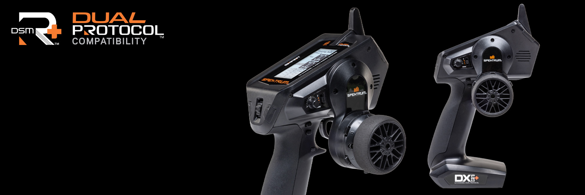 Glamour shot Spektrum DX Pro+ 12-Channel DSMR+ Transmitter on a black background with the DSMR+ and Dual Protocol Logo Glamour shot Spektrum DX Pro+ 12-Channel DSMR+ Transmitter on a black background with the DSMR+ and Dual Protocol Logo