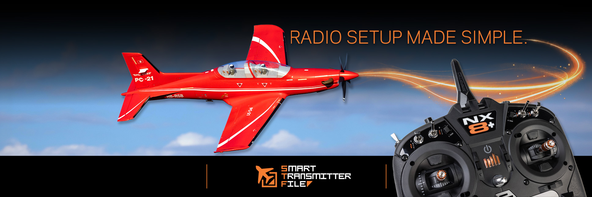 Glamour shot of the E-flite Pilatus PC-21 1.3m and Spektrum NX8+ 20-Channel DSMX Transmitter on a blue background Glamour shot of the E-flite Pilatus PC-21 1.3m and Spektrum NX8+ 20-Channel DSMX Transmitter on a blue background