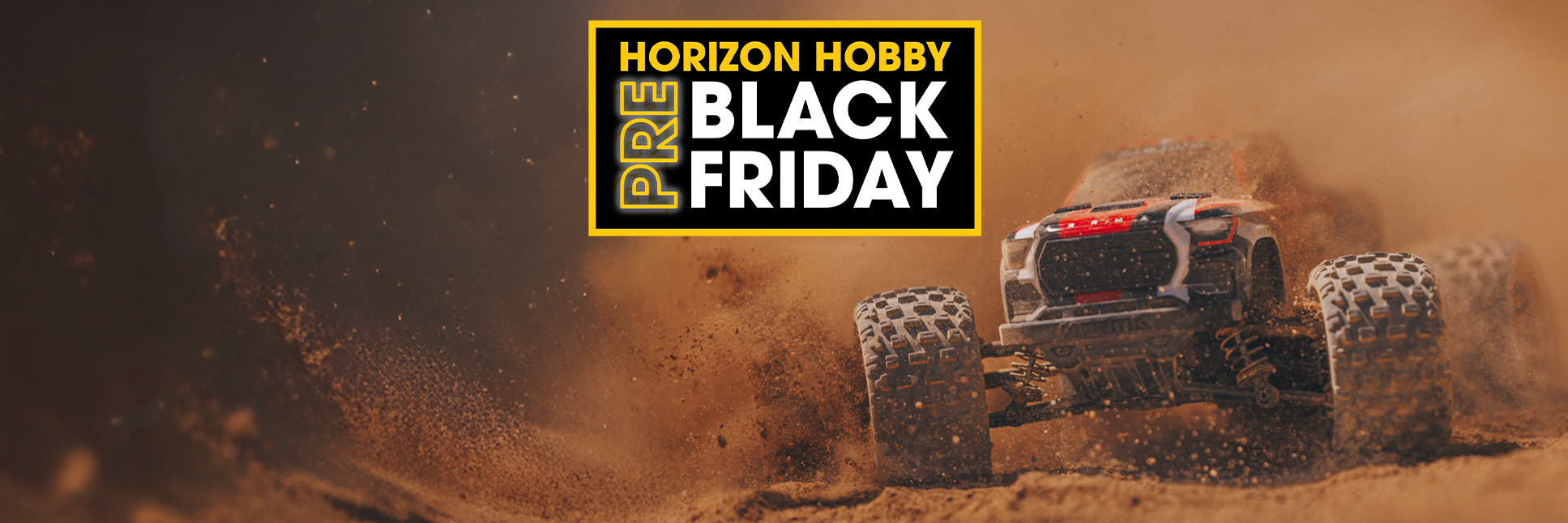 Action shot of ARRMA 1/18 GRANITE GROM 4X4 Brushed RC Monster Truck and with the Horizon Hobby Pre-Black Friday Logo Action shot of ARRMA 1/18 GRANITE GROM 4X4 Brushed RC Monster Truck and with the Horizon Hobby Pre-Black Friday Logo
