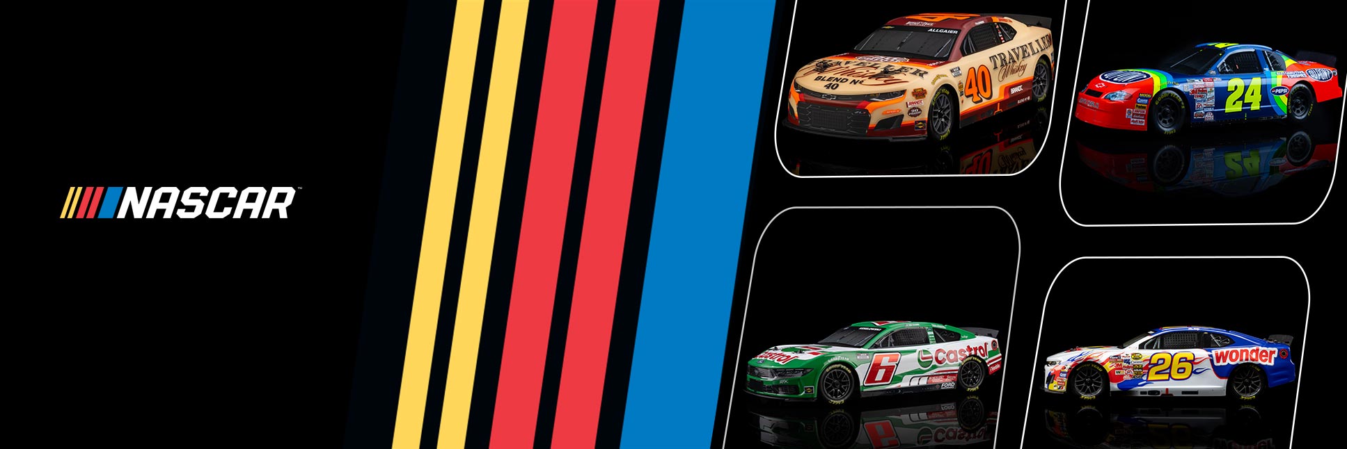 Losi 1/12 NASCAR RC Race Car Brad Keselowski No. 6 2026 Castrol Ford Mustang and Ricky Bobby No. 26 2026 Wonder Bread Chevrolet