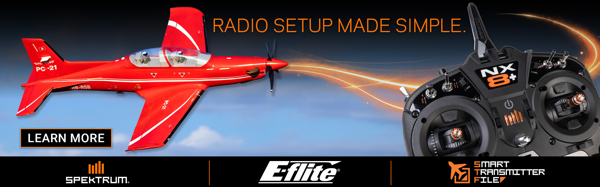 Learn More About Smart Transmitter File (STF) Technology Graphic banner of the E-flite Pilatus PC-21 1.3m and Spektrum NX8+ transmitter with the Smart Transmitter File STF Logo