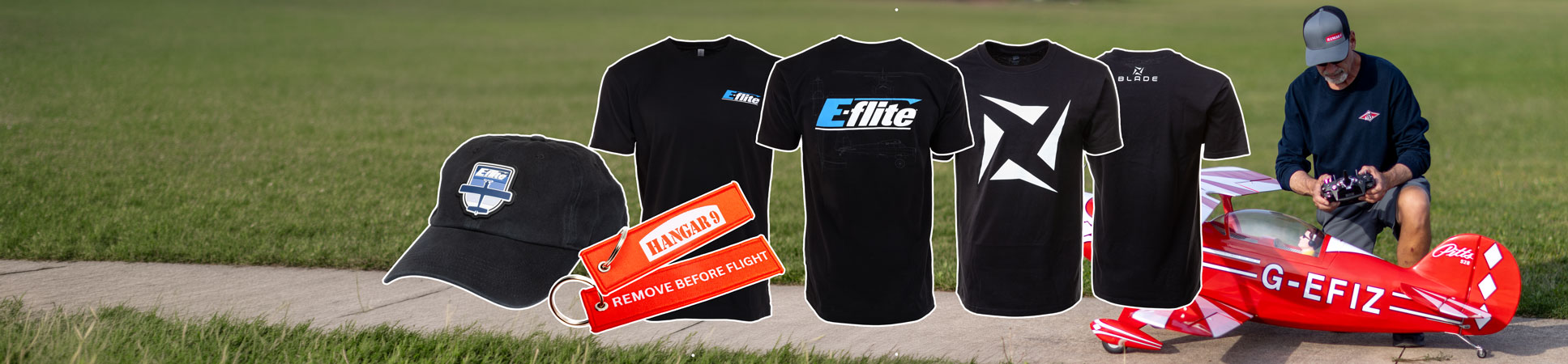 Group shot of Blade, E-flite, Hangar 9, and HobbyZone apparel and novelty items.