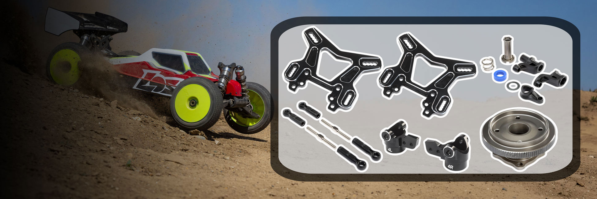 Action shot of the 1/8 Losi 8IGHT-XE bashing through dirt terrain