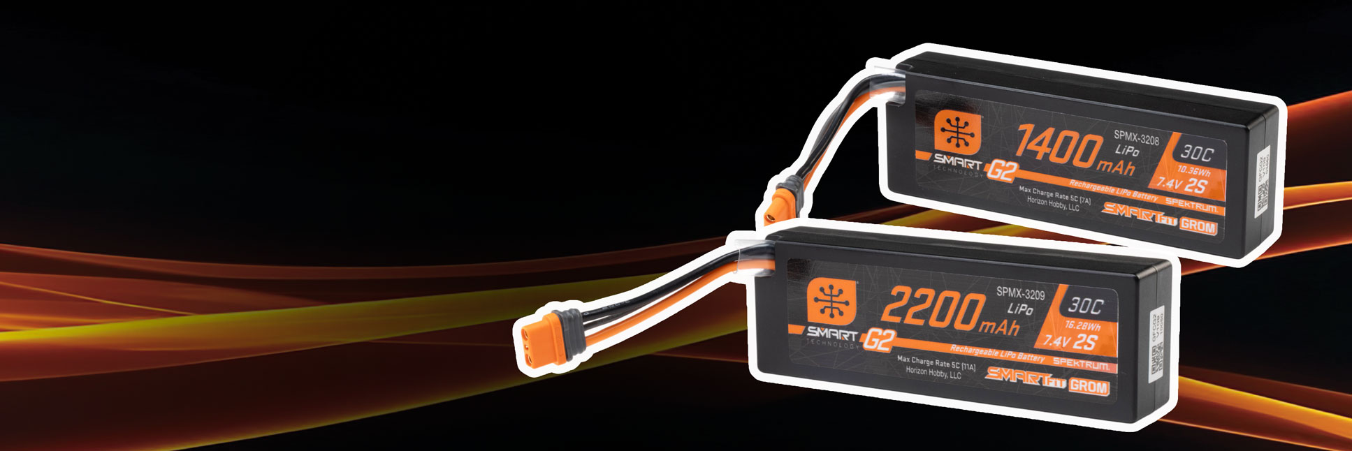 Glamour shot of the Spektrum G2 30C Smart LiPo Battery on a black background