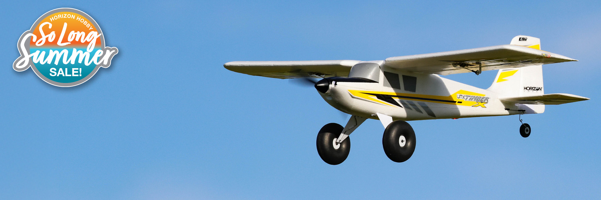 Action Shot of the E-flite UMX Timber X 570mm wingspan Bind-N-Fly Basic AS3X and SAFE Select with So Long Summer Sale Logo