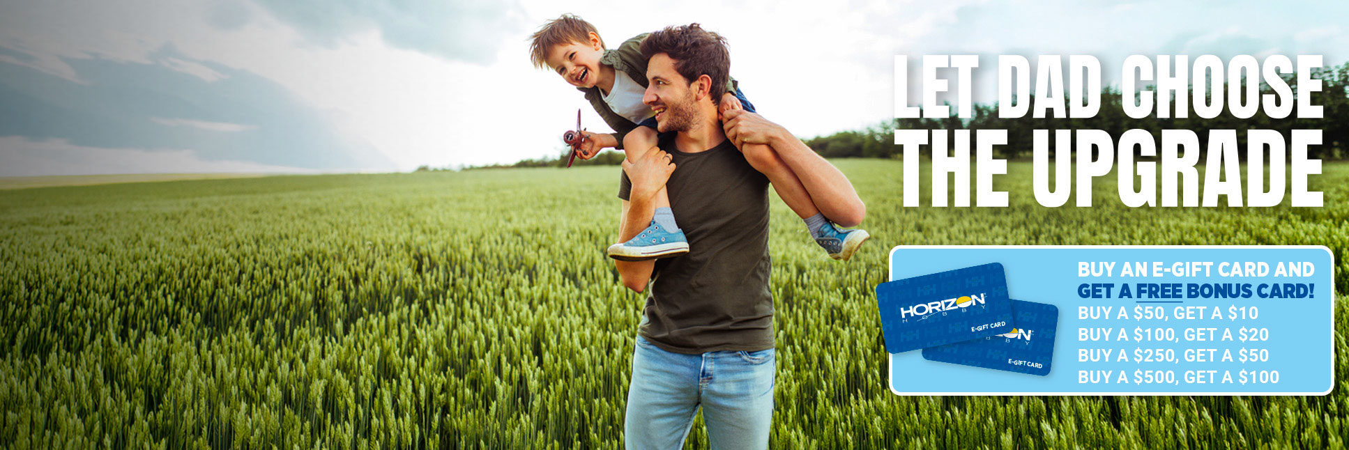 A father running through tall green grass with his son sitting over his shoulder with Horizon Hobby Gift Card Bonus Event with logo A father running through tall green grass with his son sitting over his shoulder with Horizon Hobby Gift Card Bonus Event with logo
