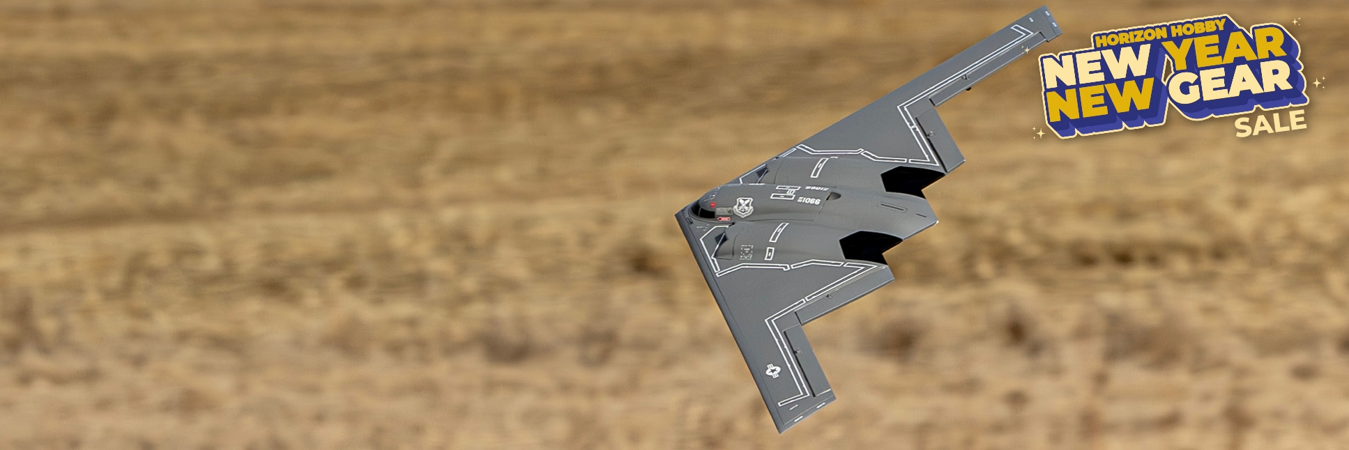 Action shot of the E-flite Micro B-2 Spirit of America Twin 30mm EDF BNF Basic RC Jet Plane with the New Year, New Gear Sale Logo