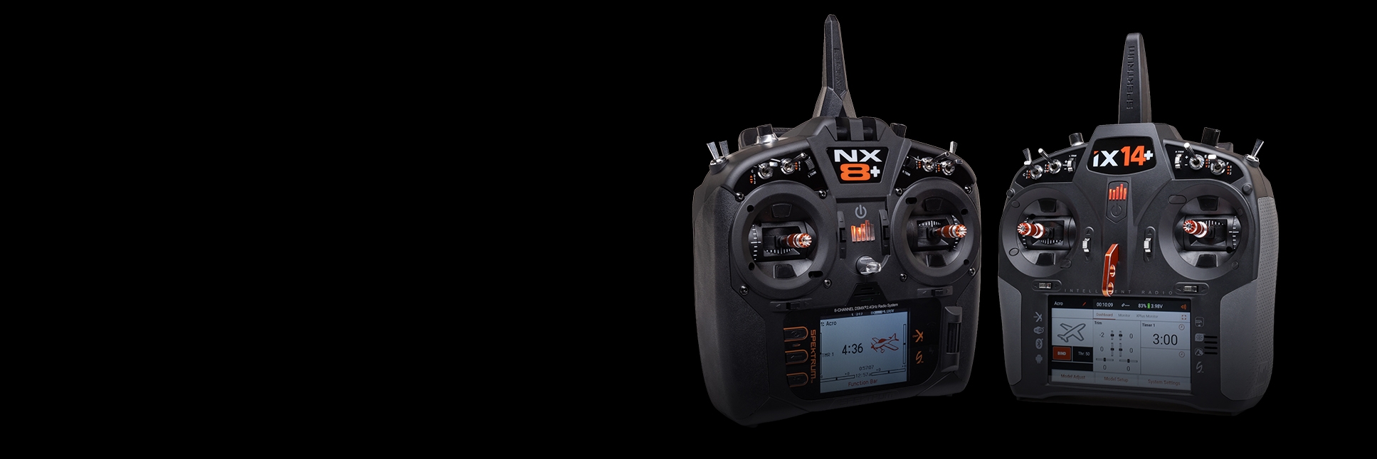 Spektrum STF Smart Transmitter File Graphic featuring the Spektrum NX8+ 20-channel transmitter and the iX14+ 20-channel transmitter 