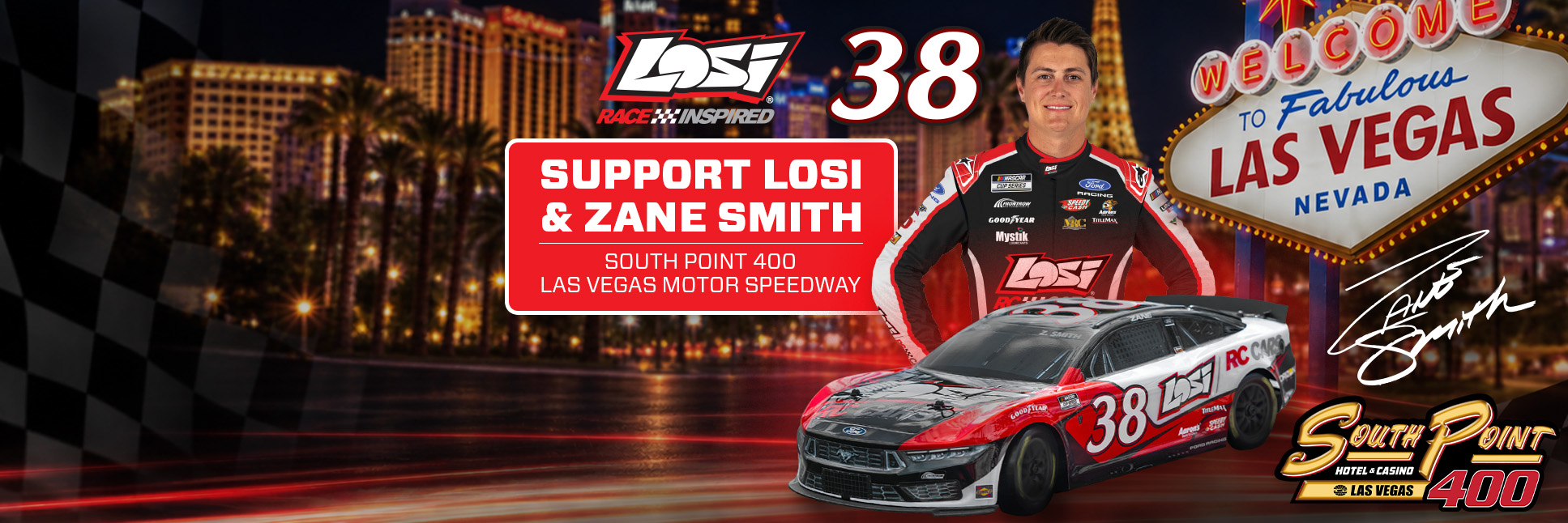 Action shot of the Losi NASCAR 2026 Zane Smith No. 38 Ford Mustang on a Las Vegas strip black background for the NASCAR Vegas Race Week Action shot of the Losi NASCAR 2026 Zane Smith No. 38 Ford Mustang on a Las Vegas strip black background for the NASCAR Vegas Race Week