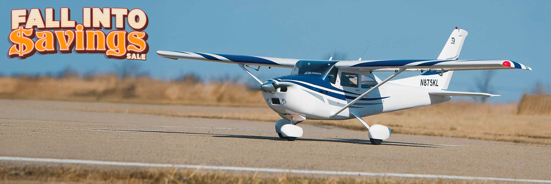 Outdoor Glamour Shot of the Top Flite Cessna 182 Skylane .60-.91 Gas Powered or Electric Powered ARF Almost-Ready-To-Fly 81 inch wingspan and the Fall Into Savings Sale Logo Outdoor Glamour Shot of the Top Flite Cessna 182 Skylane .60-.91 Gas Powered or Electric Powered ARF Almost-Ready-To-Fly 81 inch wingspan and the Fall Into Savings Sale Logo