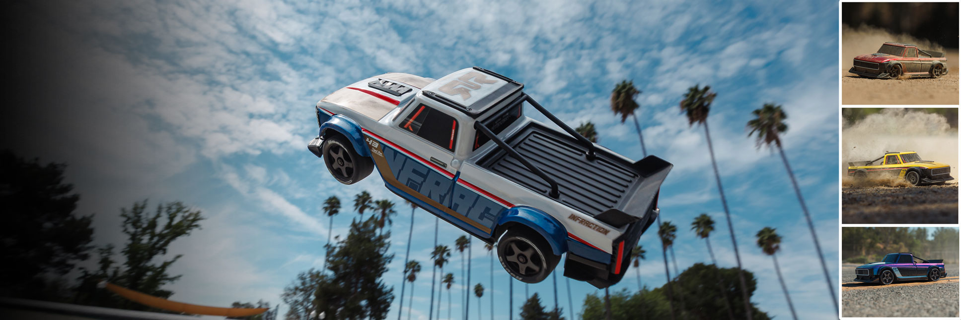 Action shot of the ARRMA 1/12 INFRACTION GROM Ready-To-Run Brushless All-Road Street Bash in Red/Black, Yellow/Black, Blue/Red, and Limited Edition Blue/Black on a cliffside