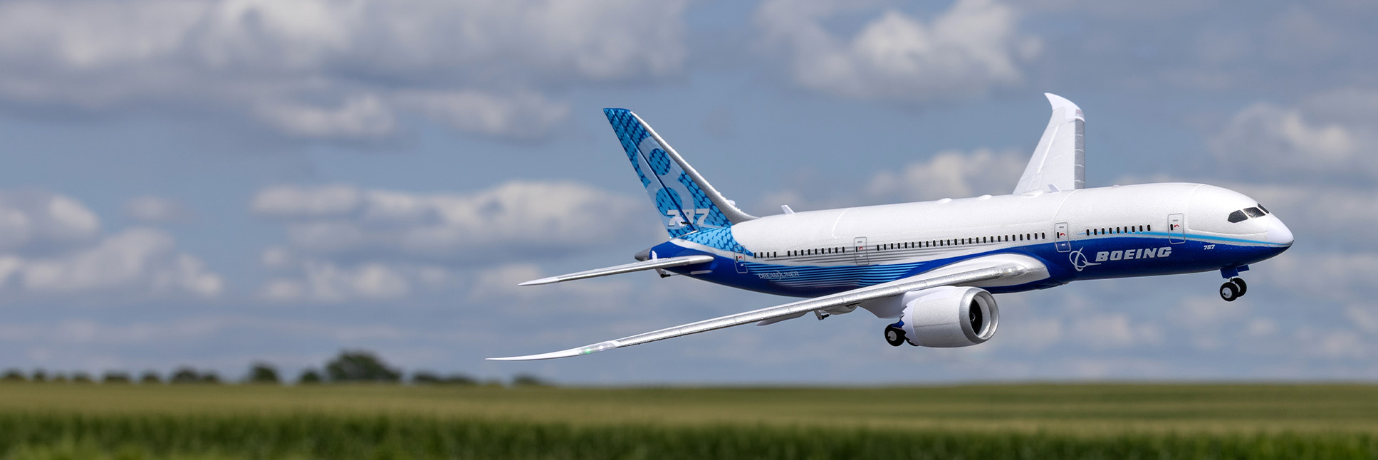 Action shot of the E-flite Micro Boeing 787 Dreamliner Twin 30mm EDF Bind-N-Fly Basic with AS3X and SAFE Select RC airliner flying in the air