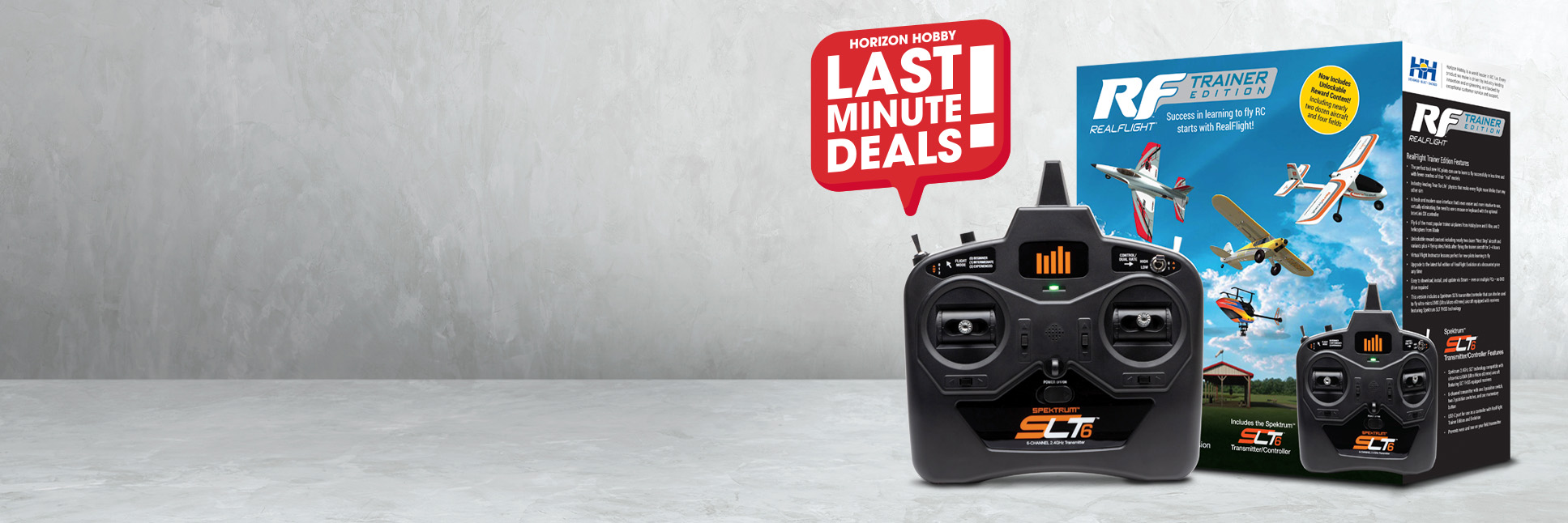 Glamour shot of the RealFlight Trainer Edition RC Flight Simulator with SLT6 Transmitter/Controller on a gray background with the Last Minute Deals logo