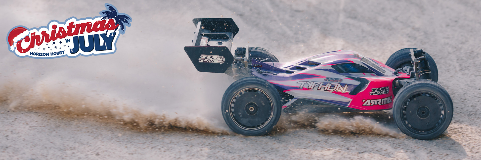 ARRMA 1/8 TYPHON 6S TLR Tuned 4X4 Roller Brushless RC Buggy, Pink/Purple with the Christmas in July Sale Logo
