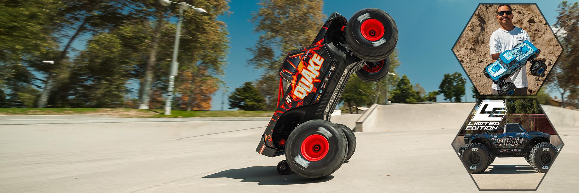 Action shot of the ARRMA 1/8 QUAKE 4S RTR Brushless Monster Truck family shot including limited edition badge