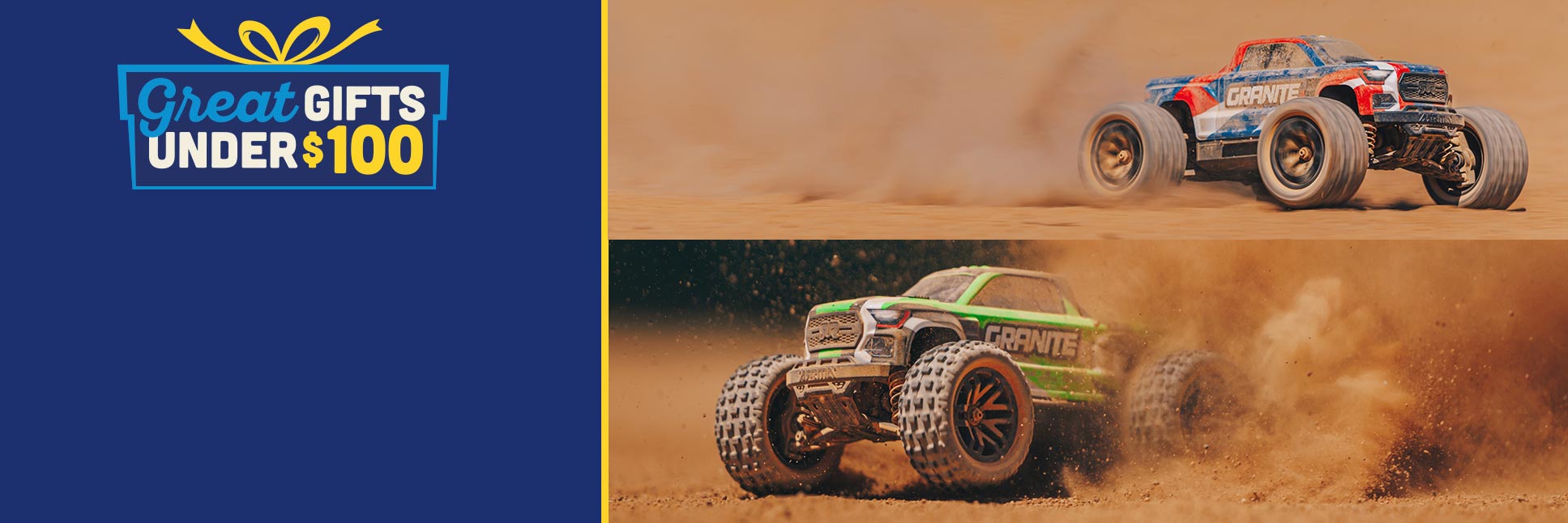 Action shots of the 1/18 ARRMA GRANITE GROM with the Horizon Hobby Great Gifts Under $100 Logo