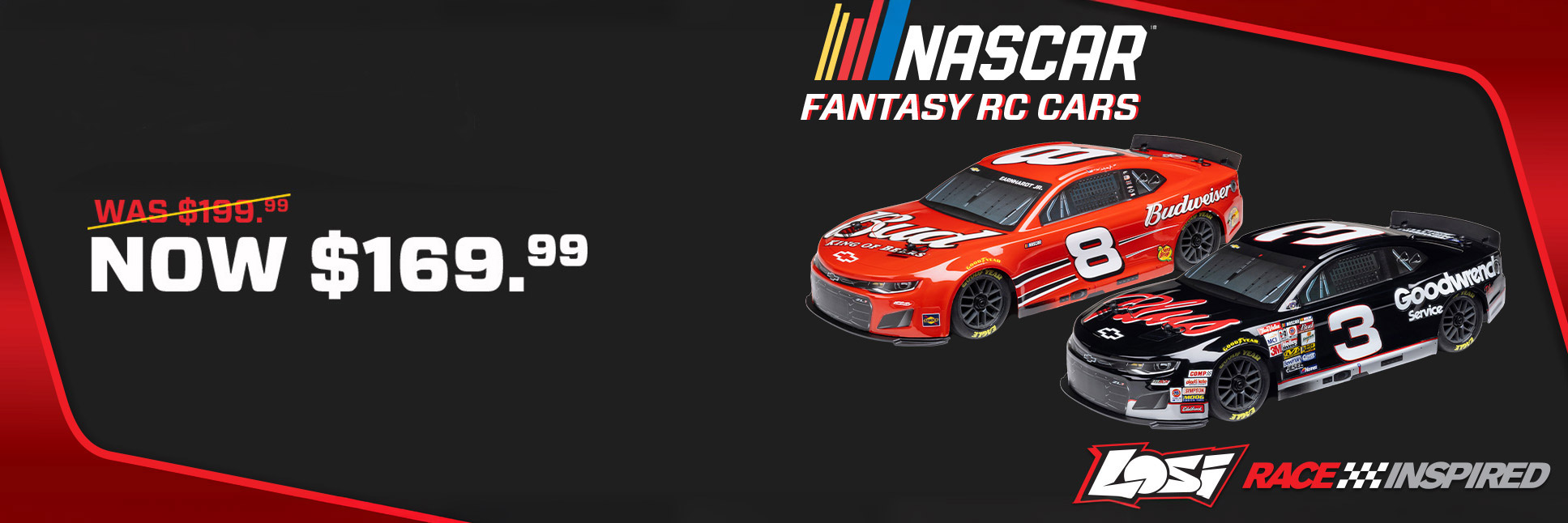 Losi NASCAR, RC car image of the Losi NASCAR Fantasy RC cars calling out was $199.99 now $169.99