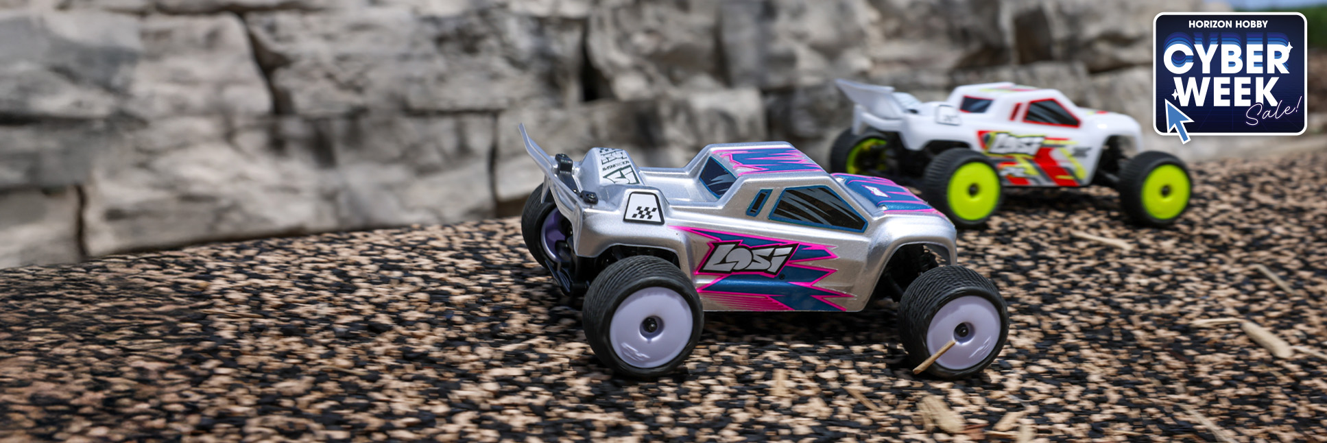 Action shot of the Losi 1/28 Micro-T RC Stadium Truck racing through the park with the Cyber Week logo Action shot of the Losi 1/28 Micro-T RC Stadium Truck racing through the park with the Cyber Week logo