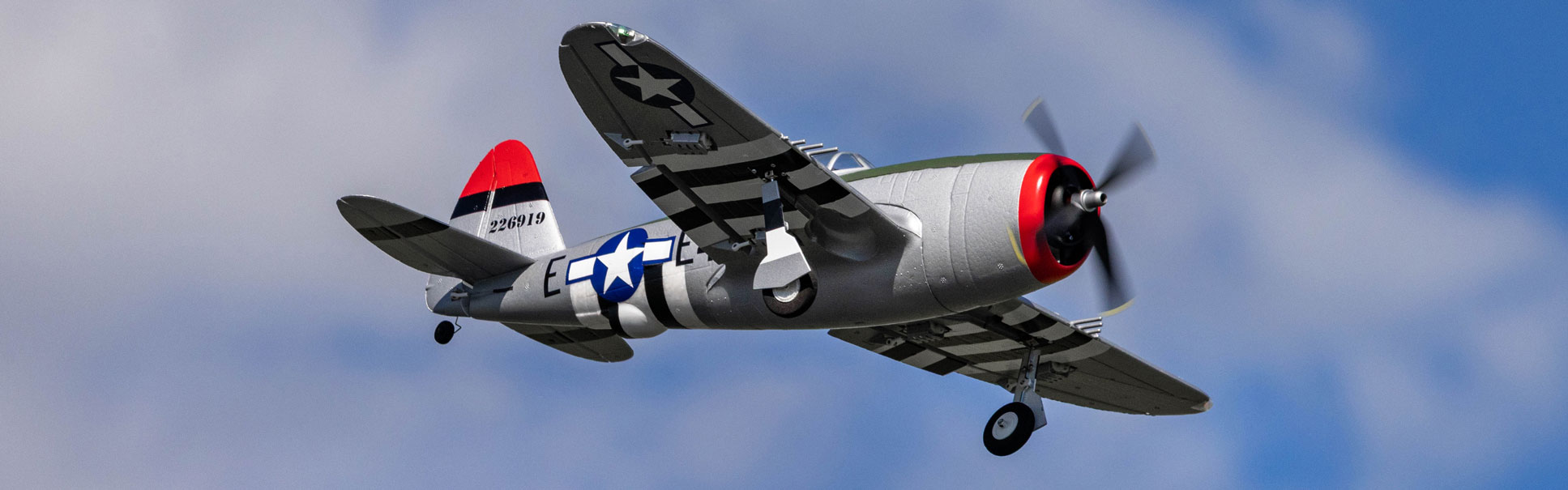 Action shot of the E-flite Micro P-47 Thunderbolt 625mm on a tarmac