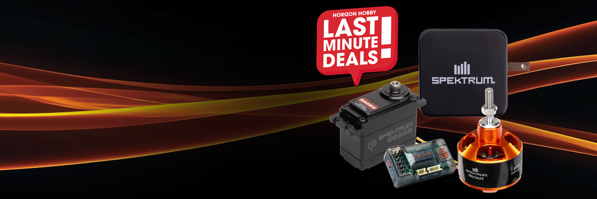 Glamour shot of the Spektrum RC servo and receiver on a black background with the Last Minute Deals logo Glamour shot of the Spektrum RC servo and receiver on a black background with the Last Minute Deals logo