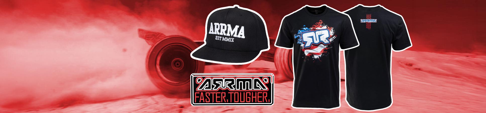 ARRMA fan gear USA T-SHIRT in black with front graphic explodes with distressed stars-and-stripes energy behind a bold ARRMA logo