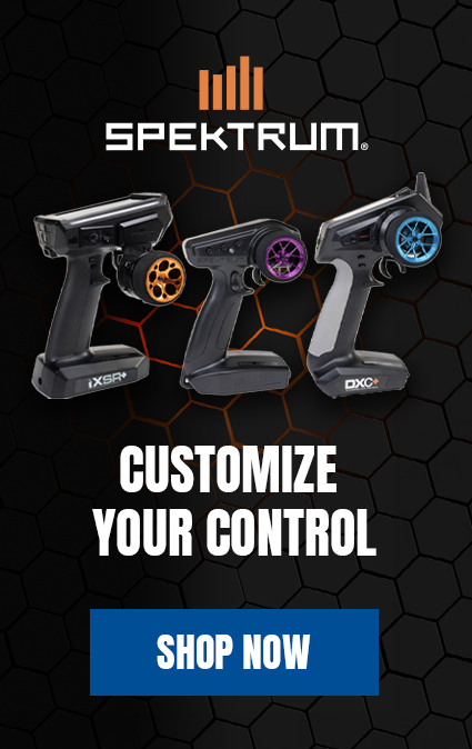 Order the Spektrum Aluminum RC Transmitter Upgrade Steering Wheels now! Customize your control with 2 styles and 7 colors all in a wide anti-slip grip! Spektrum RC Surface Transmitters with Aluminum Upgrade Steering Wheels on a black hex pattern background