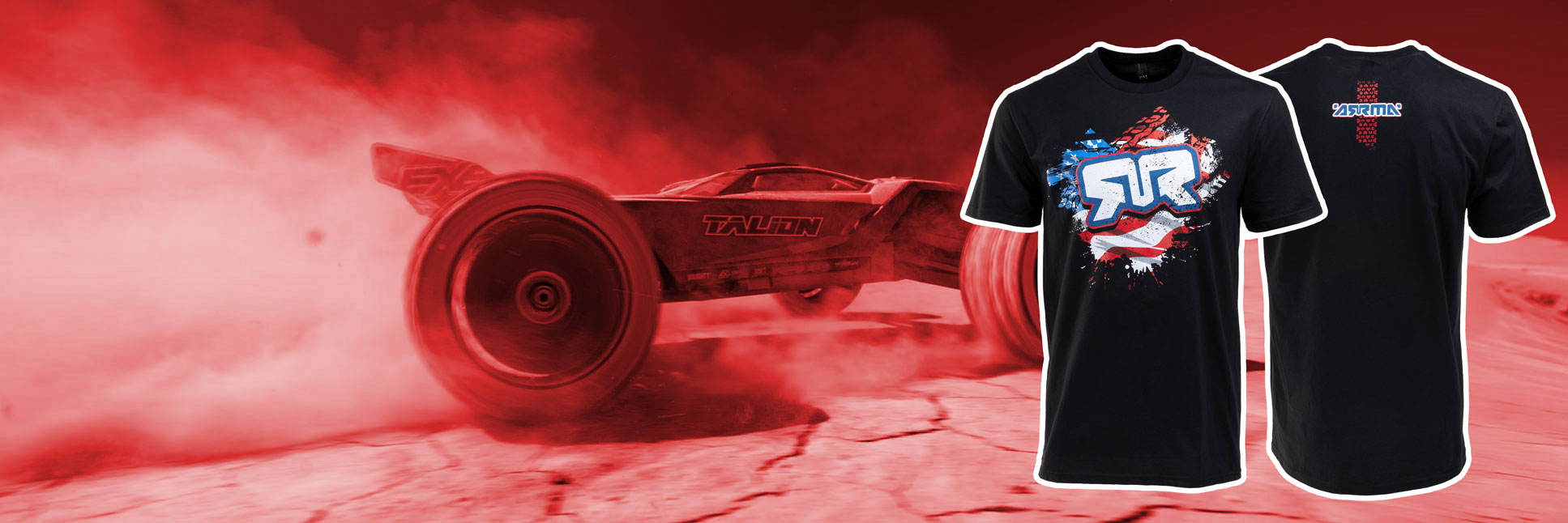 ARRMA USA T-SHIRT in black with front graphic explodes with distressed stars-and-stripes energy behind a bold ARRMA logo