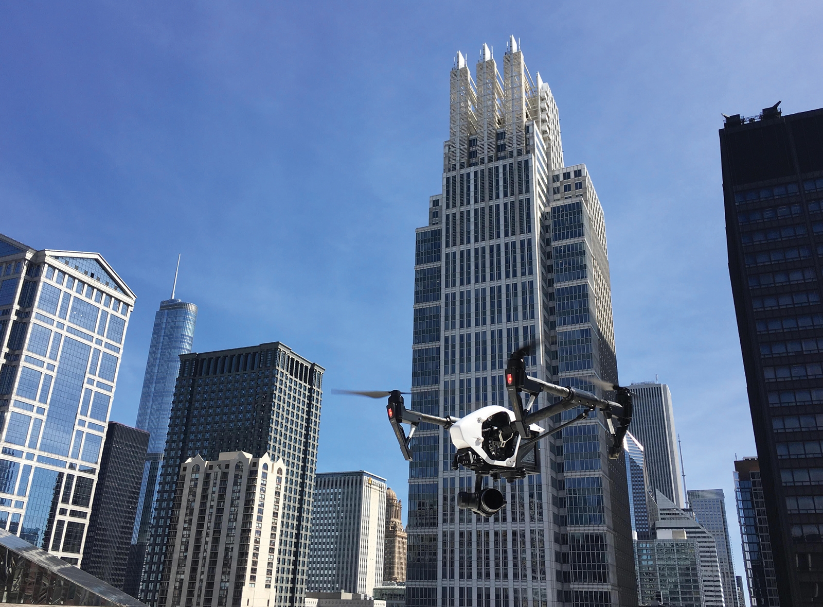 Drone flying safely in the city