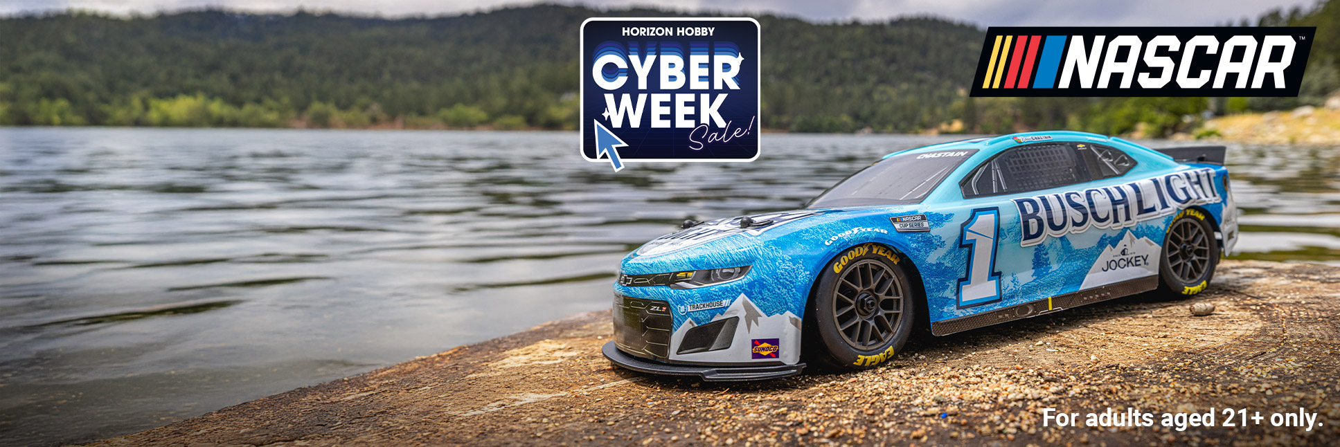 Glamour shot of the Losi 1/12 NASCAR RC Racecar Ross Chastain No. 1 Busch Light 2025 Chevrolet Camaro ZL1 2S AWD Ready-to-Run Brushed On-Road with the Cyber Week Sale Logo Glamour shot of the Losi 1/12 NASCAR RC Racecar Ross Chastain No. 1 Busch Light 2025 Chevrolet Camaro ZL1 2S AWD Ready-to-Run Brushed On-Road with the Cyber Week Sale Logo